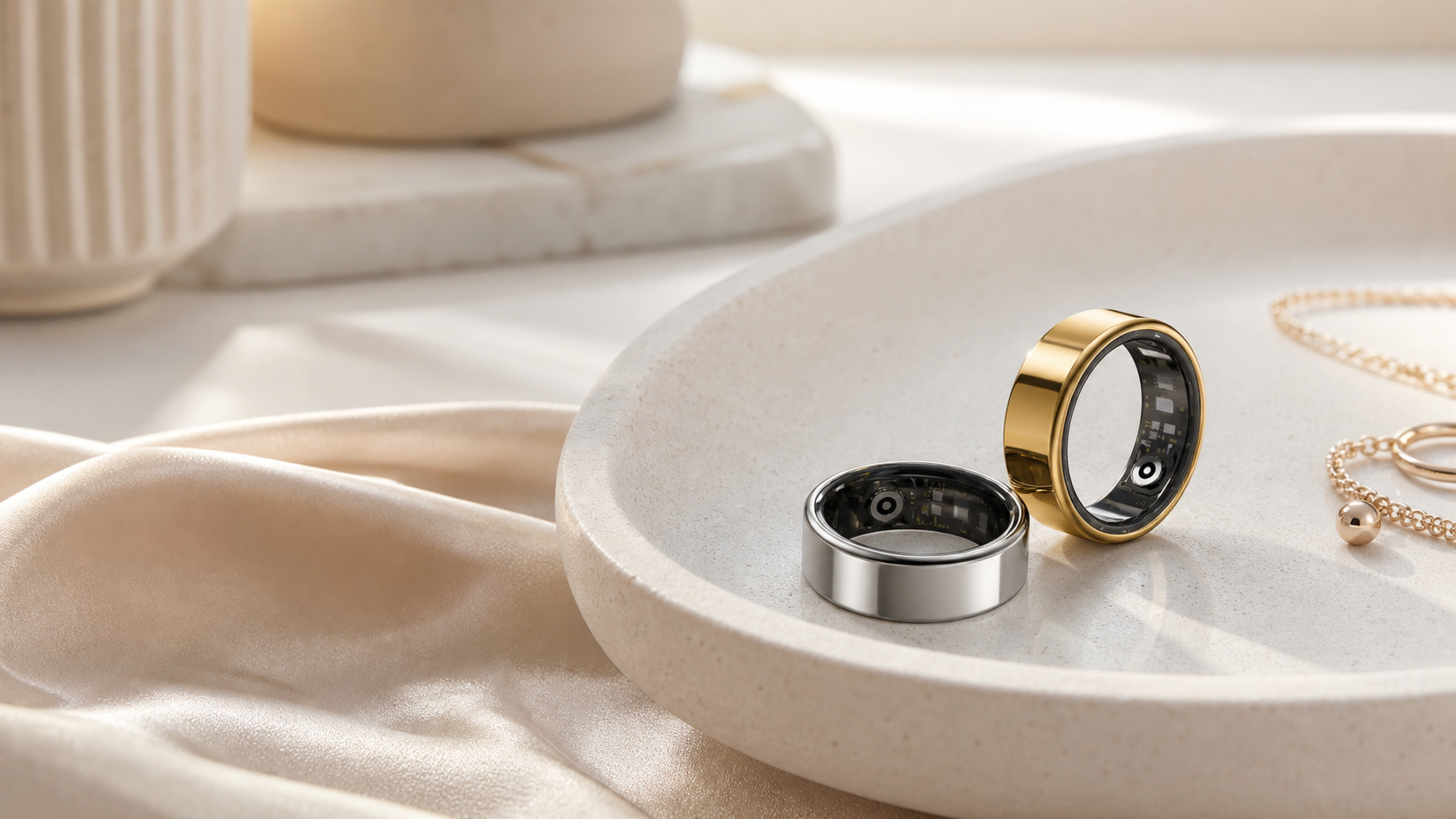 Modern smart ring and jewelry accessories on a clean surface